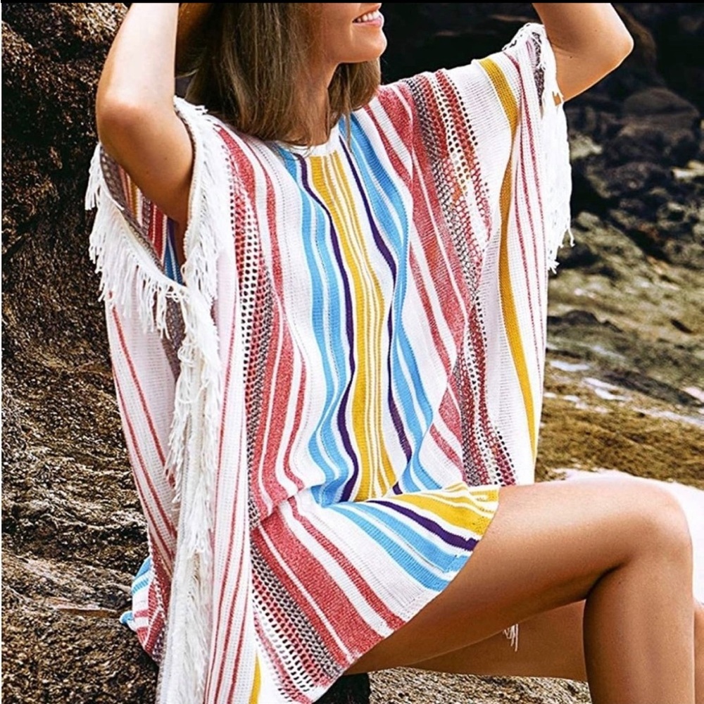 CUPSHE Women's Vneck Colorful Stripe Tassels Swimsuit Cover Up - NWT - OS